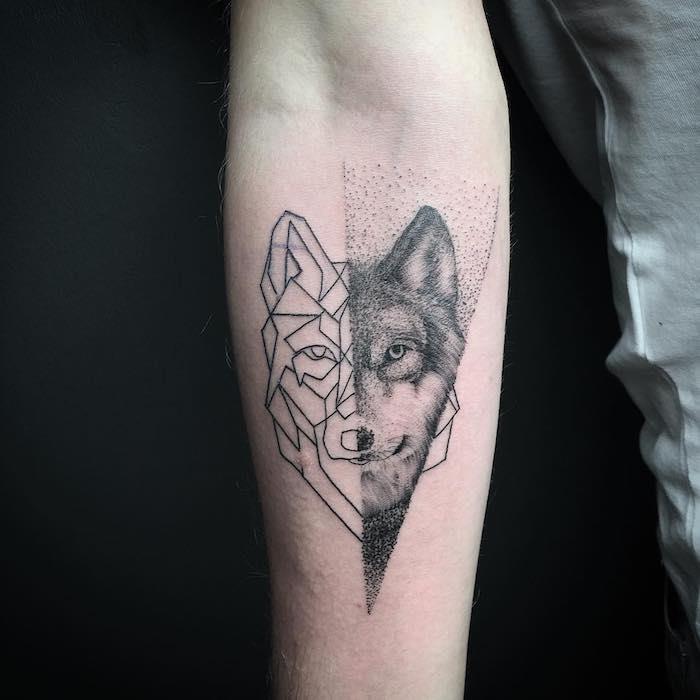 význam tetovania, body art so zvieracími motívmi, návrh vlka s geometrickými čiarami