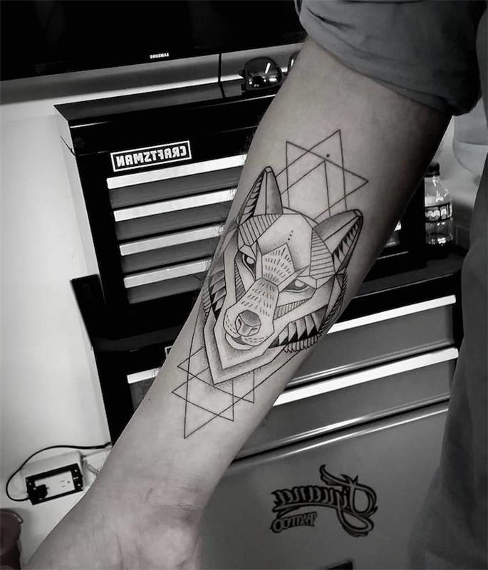 geometrické tetovanie vlka, nápad, ktoré tetovanie si vybrať pre mužov, kresba vlčej tváre