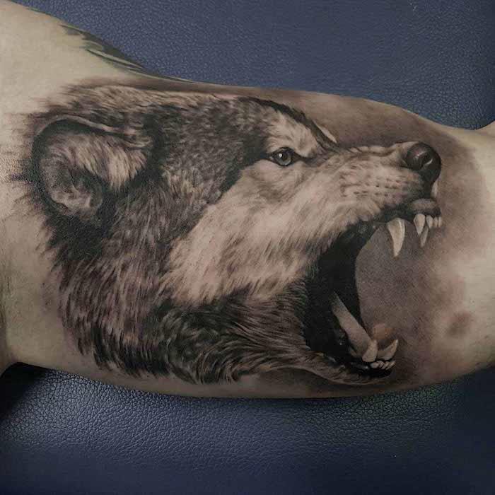 tetovanie ramena muža, divoká kresba atramentom vlka, kresba vlčej hlavy, kresba tela človeka