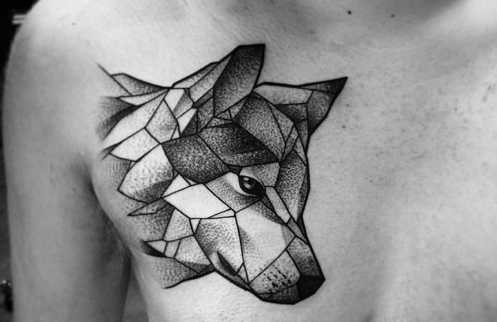 geometrické tetovanie vlka, kresba na koži so zvieracími vzormi, nápad na tetovanie pre mužov