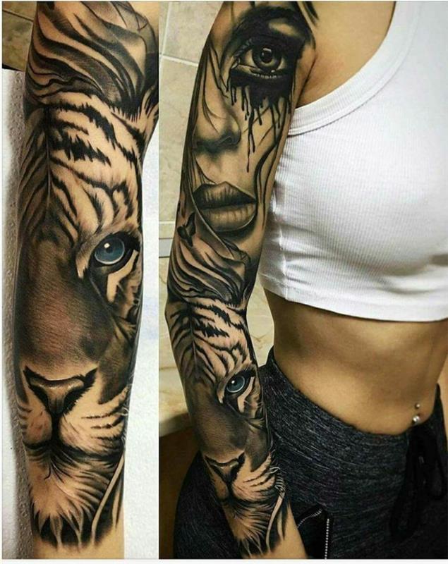 tetovanie manžety, žena a zviera vytetované na paži ženy
