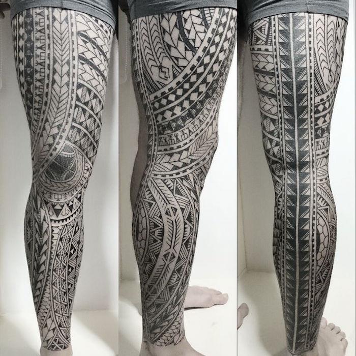 Polynézske tetovanie na celú nohu pre mužov