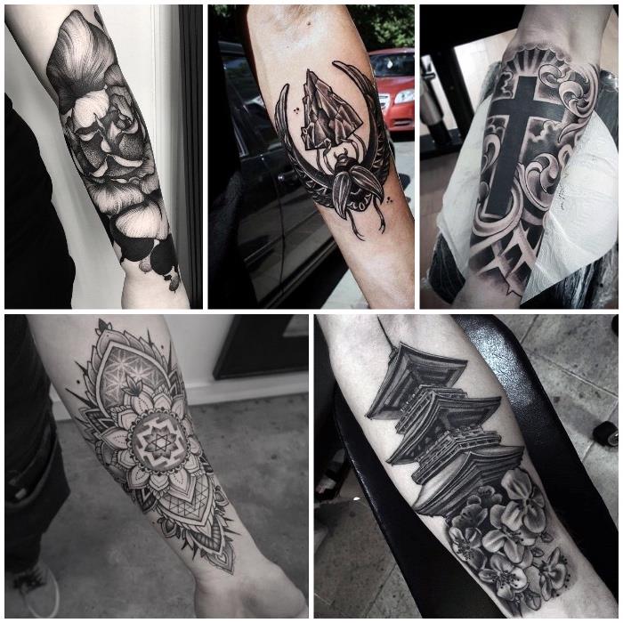 tempel tatuering, religiösa och blommiga symboler tatuerade på armen, svart grafisk bildstil