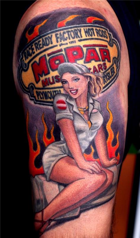 pripnite fotografiu na plynovú pumpu v štýle amerického tetovania