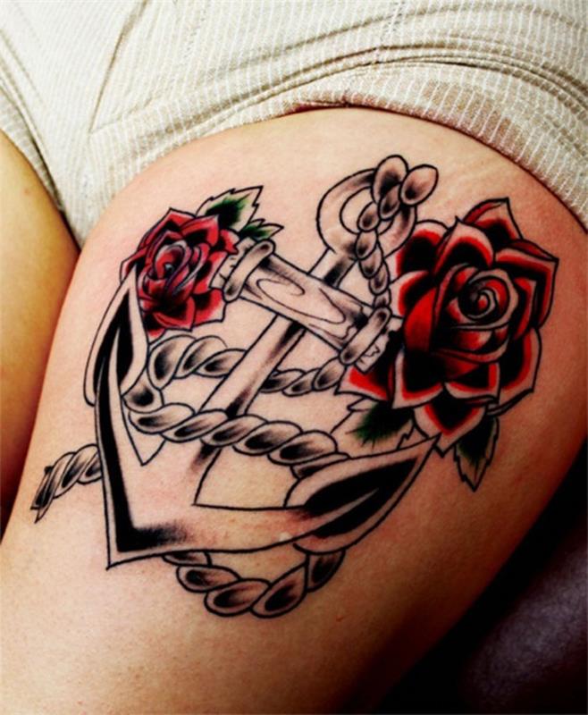 morské kotvové tetovanie na ženskom stehne s červenými ružami
