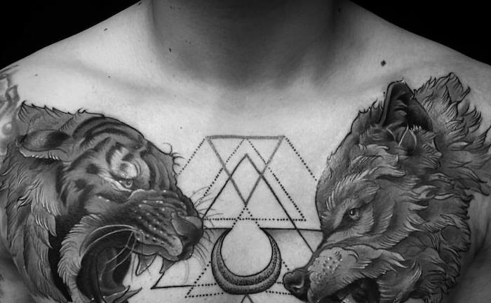 tetovanie vlčej hlavy, symbolický dizajn tela s hlavou tigra a vlka