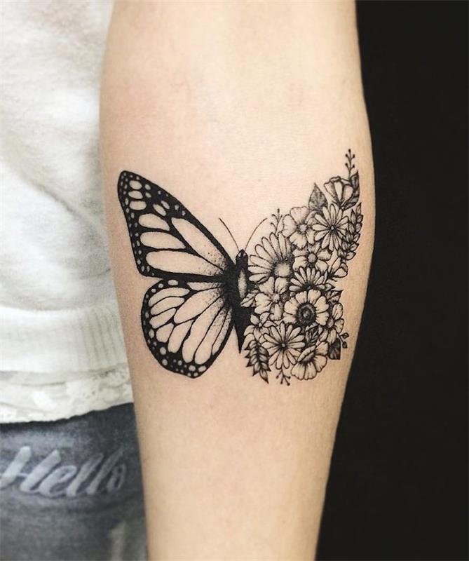Žena tetovanie na predlaktie, unisex dizajnové tetovanie, kresba tušom s polovičným motýľom a kyticou kvetov