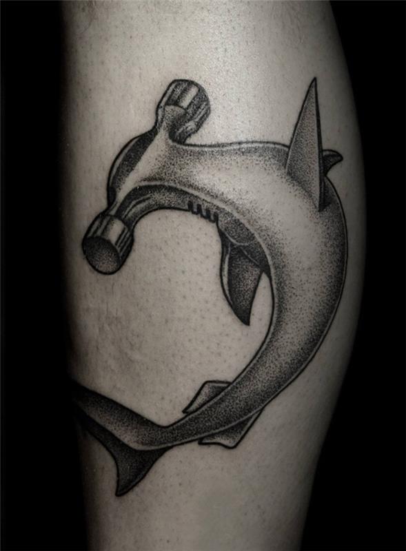 tetovanie design teľa muž kladivoun žralok bodkované tetovanie dotwork noha