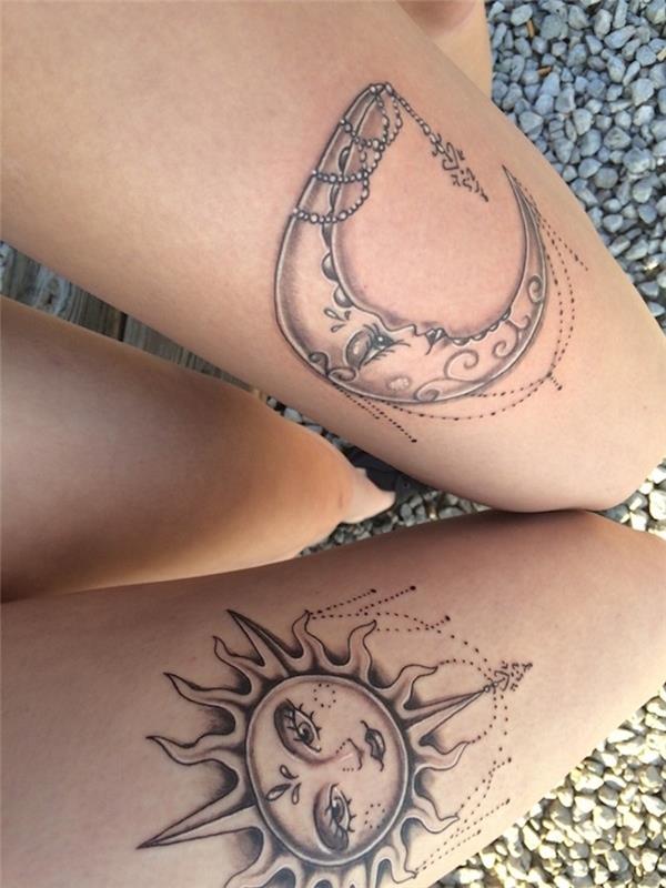 Tetovanie stehna na slnečný mesiac pre ženy