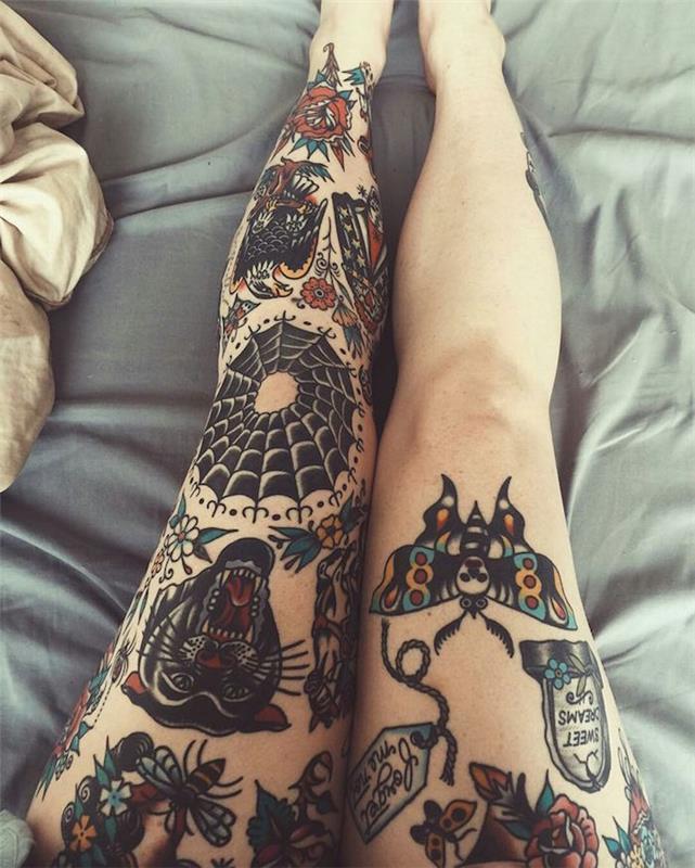 tetovanie na ženskú nohu a holeň v štýle old school