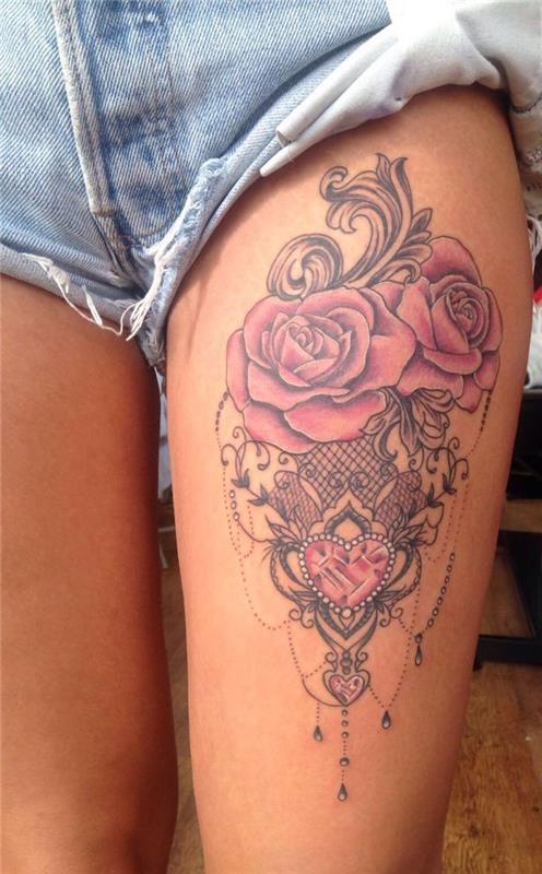 ružové tetovanie stehna pre ženy