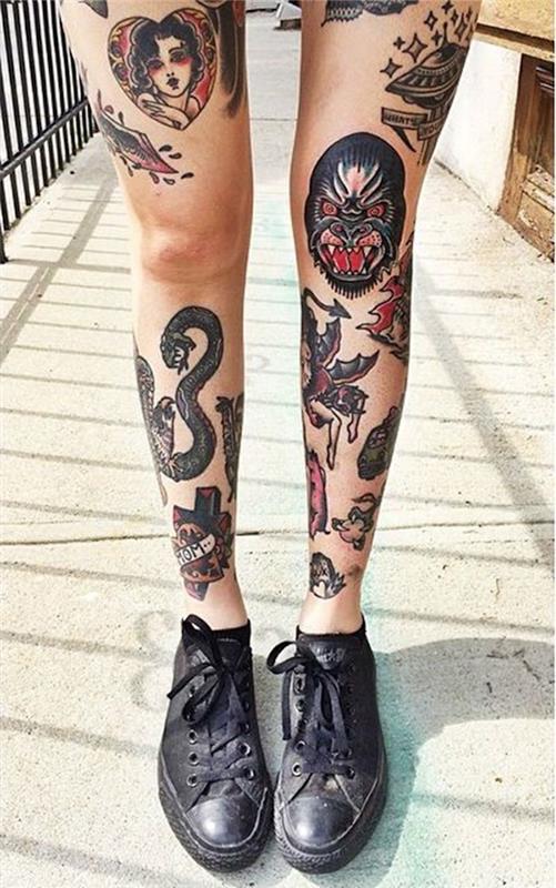 stará škola tetovanie nohy žena štýl tetovanie holenná kosť
