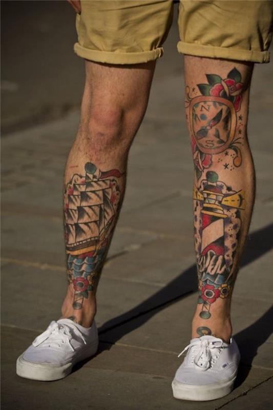 Tetovanie stehna a holene pre mužov old school námorník tetovanie