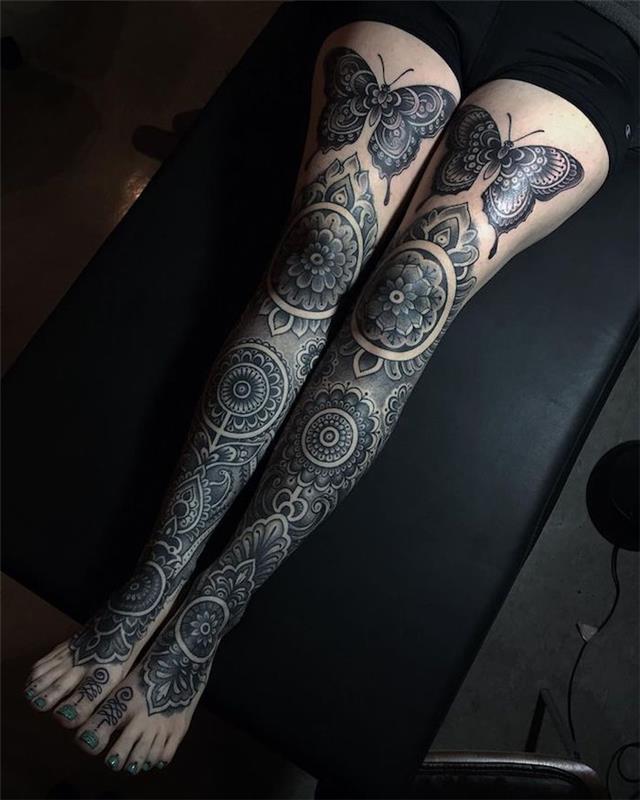 tetovanie stehno žena mandala motýle tetovanie holenná kosť