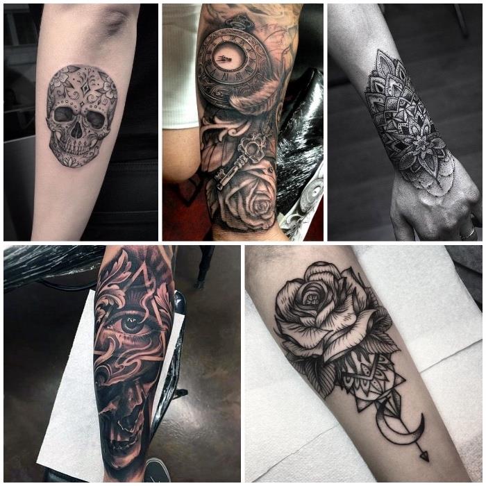 Tattoo old school braccio con disegni di teschi, fiori e motivi mandala