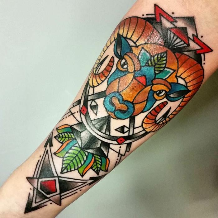 farebné tetovanie na ruke, astrologický znak barana, niekoľko symbolických figúrok