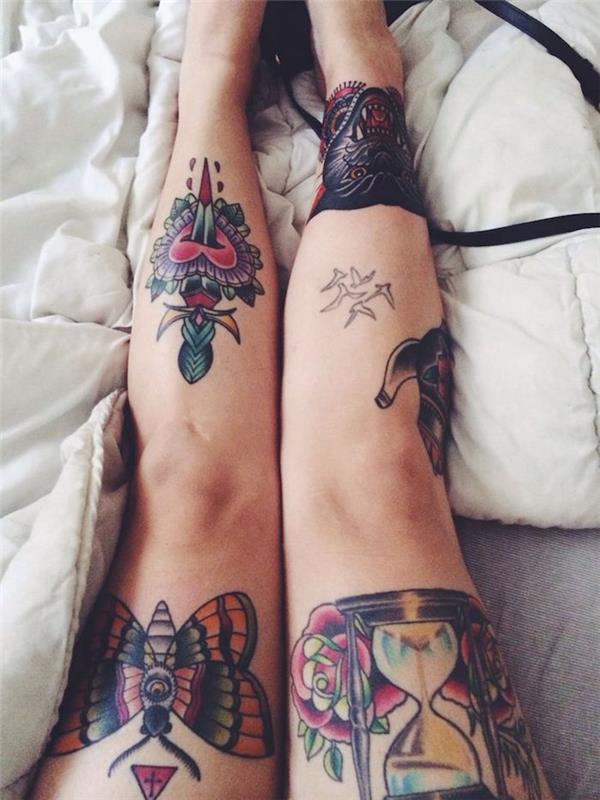 tradičné tetovanie na stehne a holeni v štýle old school