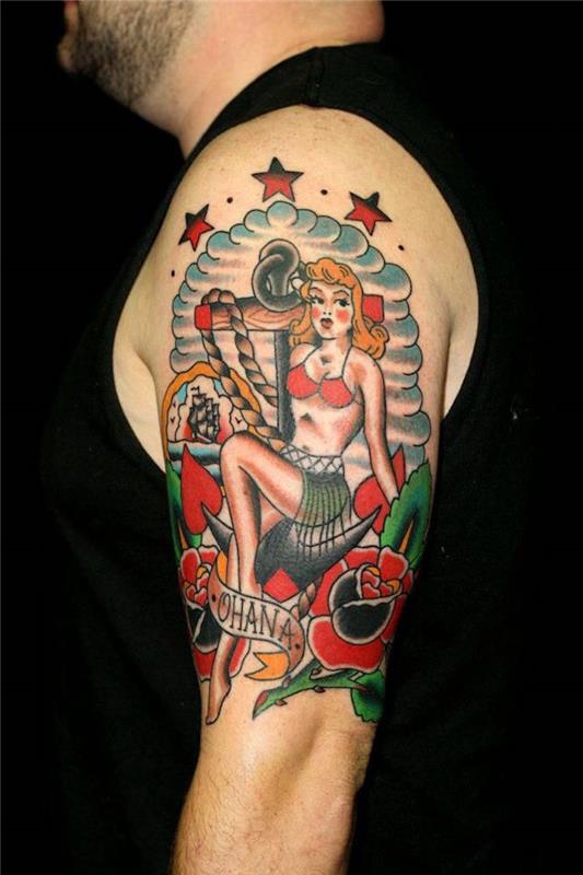 Pin-up tetovanie na mužskej ruke