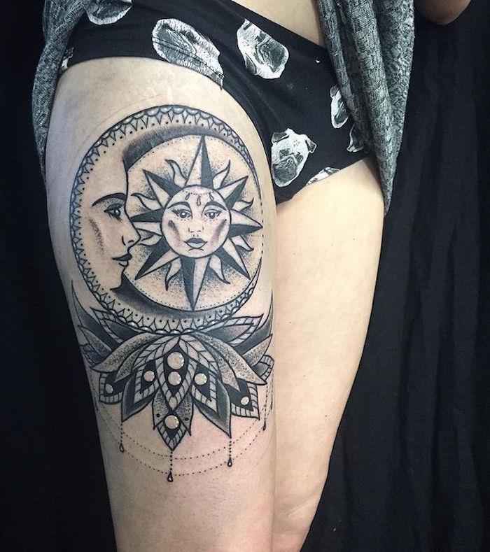 žena stehno tetovanie mesiac a slnko tetovanie lotosový kvet na nohe