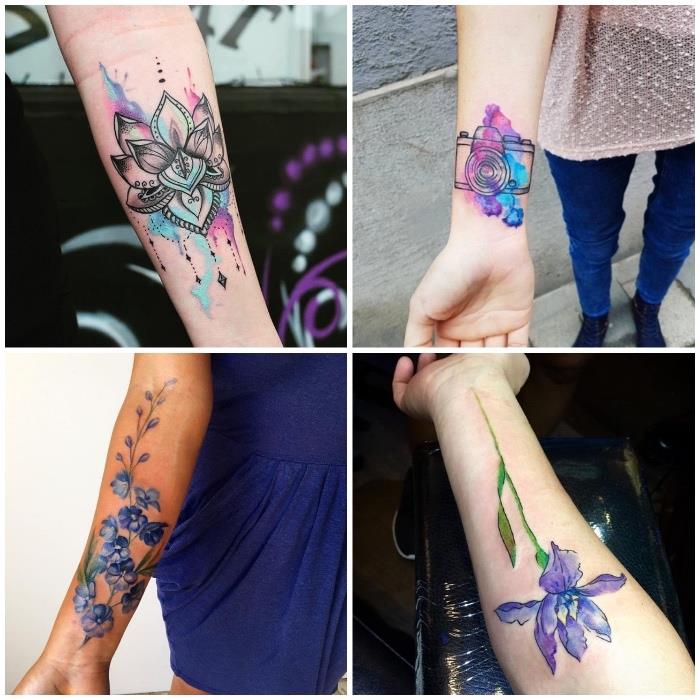 Idé per tatuaggio avambraccio femminile con motivi mandala colorati e fiori di lavanda