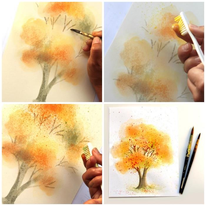 akvarellhandledning för att måla ett vackert höstträd, målarteknik för att göra akvarellstänk