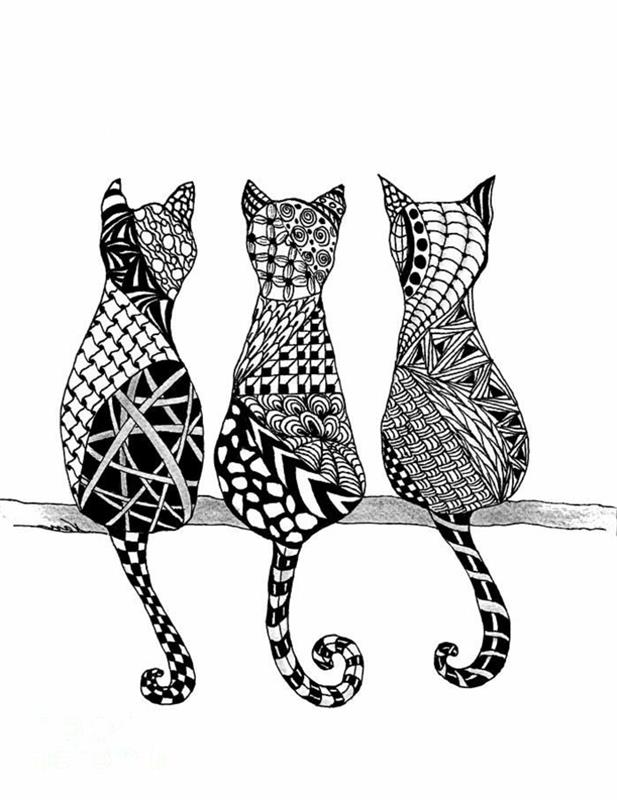 idékonst teckning flicka svartvitt svartvita teckningar tre katter stammönster cool idé hur man ritar