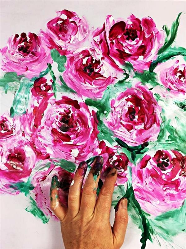 teknik för att måla i akryl med fingrar, måla blommor i akryl med fingrar