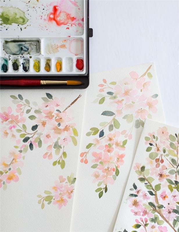 blommande grenar i akvarell i mjuka nyanser, akvarellmålning blomsterarrangemang