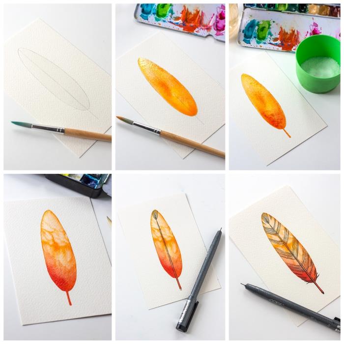 akvarellteknik för att måla en orange spets med svarta detaljer gjorda med en fintippad tuschpenna