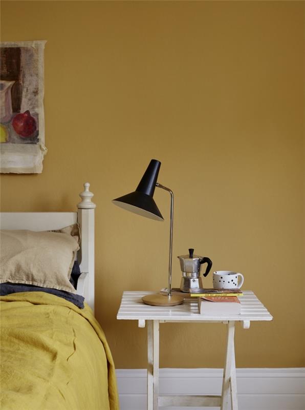 ana vilken gul färg för sovrum för vuxna, inredning med gula väggar med vita trämöbler