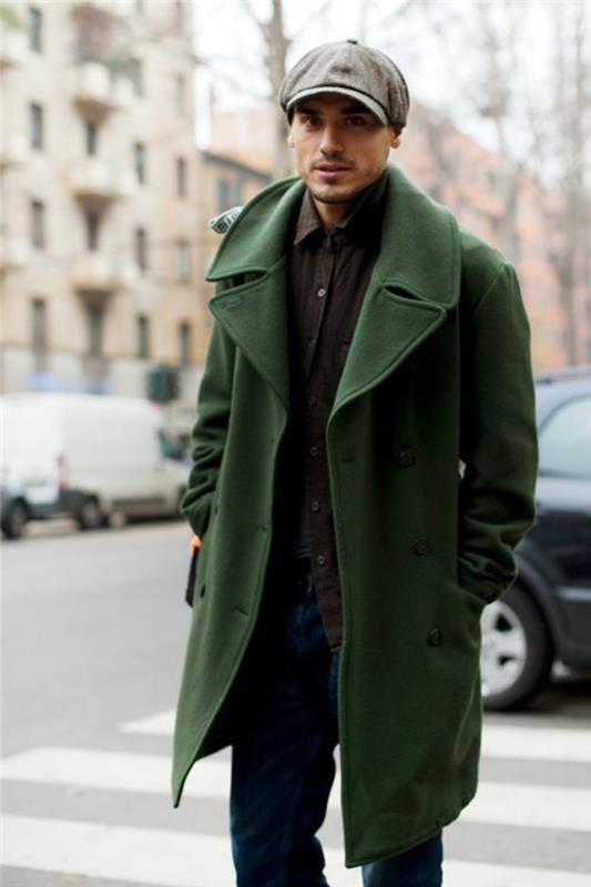 trendy-v-móde-celio-tmavo-zelenom-pánskom kabáte-s-mužským klobúkom