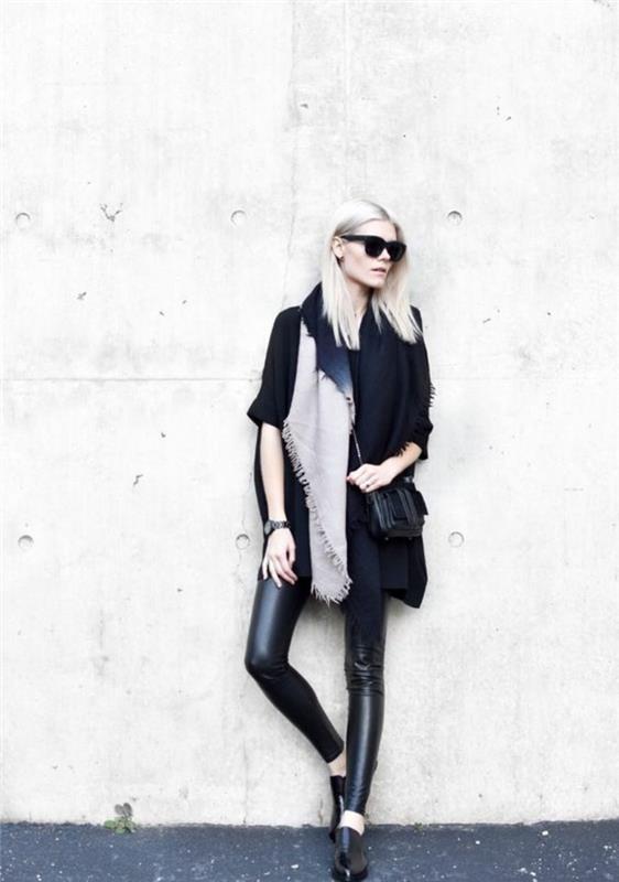 chic-outfit-wide-läder-leggings-halsduk-trendiga-solglasögon