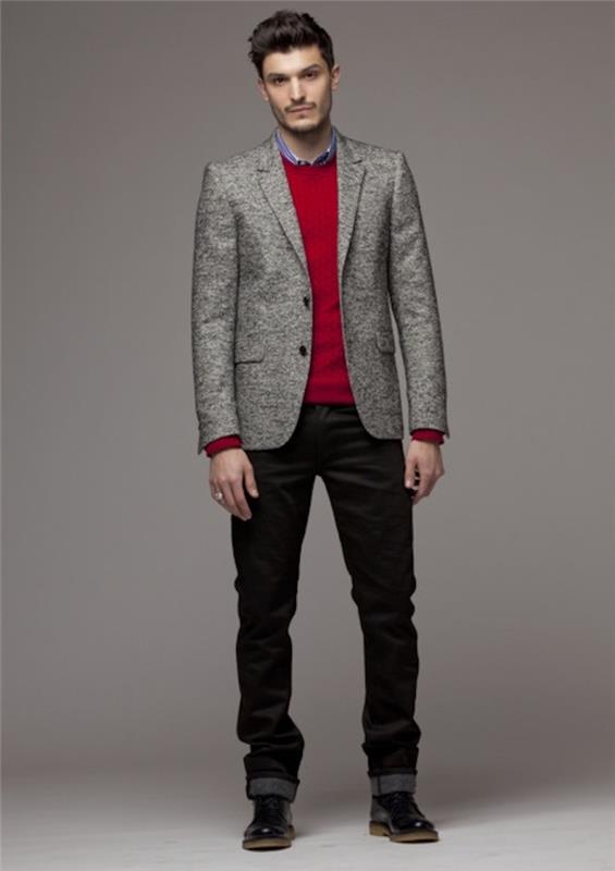 jednoduchý večerný outfit rifľová bunda červený sveter muž