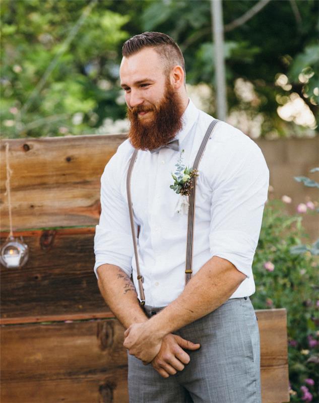 chic man country bröllopsoutfit med vit skjorta kostym hängslen hipster stil långt rött skägg