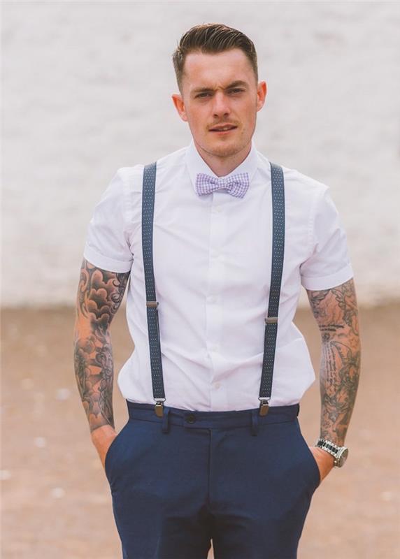 Hipster stil sommar country chic bröllop herrdräkt med marinblå byxor och hängslen
