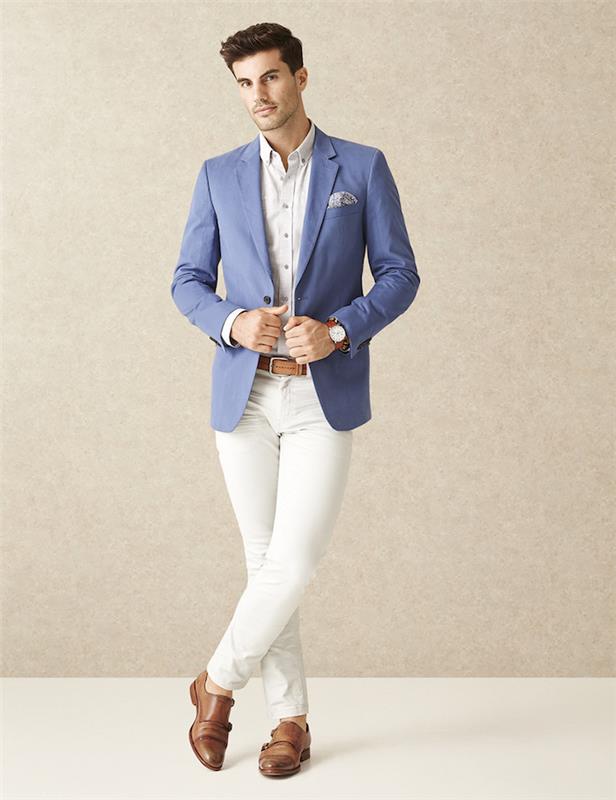 casual chic herrkläder med vita smala jeans och blå kostymjacka