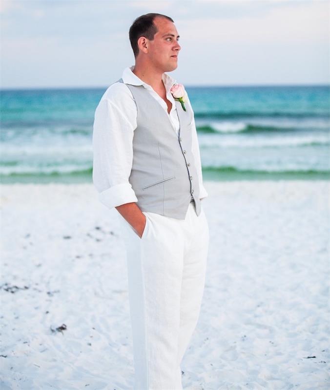 vardaglig kostym för stranden och avslappnad lantlig bröllopsdräkt med vita linneset