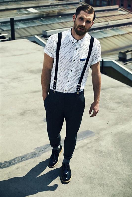 trendig hipster stil casual män bröllopsoutfit med kortärmad skjorta och hängslen