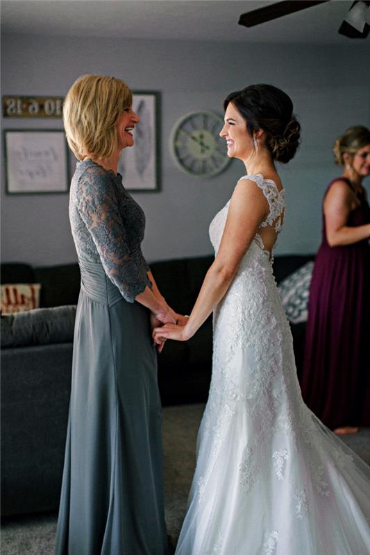 aftonklänning för formellt bröllop, grå A-line brudens morklänning med spetstopp