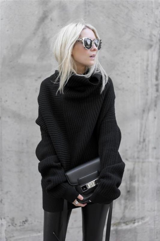 helt-svart-outfit-stor-pul-turtleneck-läder-byxor