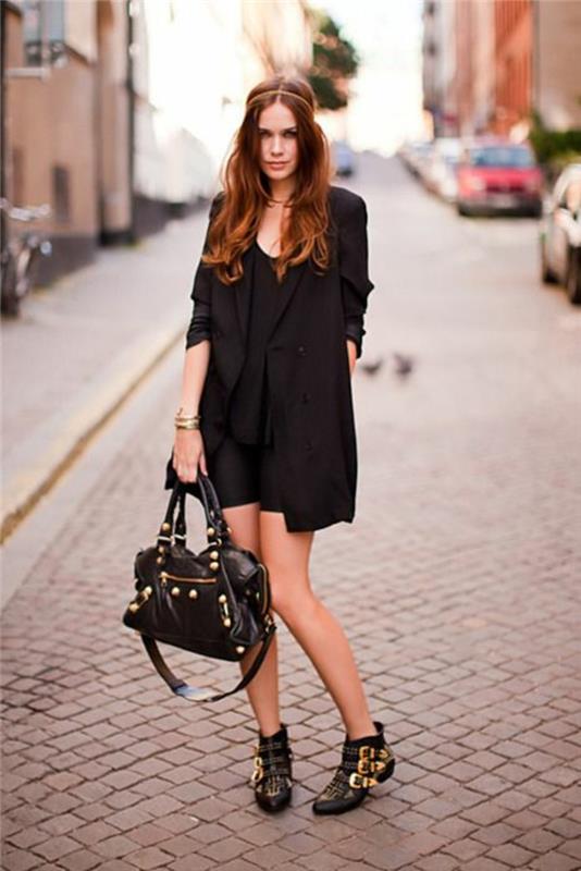 helt-svart-outfit-kort-svart-fotled-stövlar-klänning-med-spännen