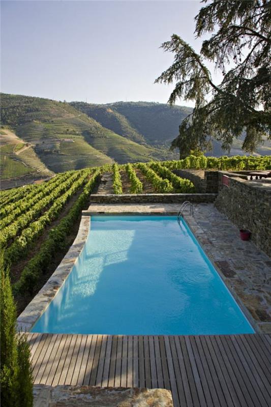 vacker pool med utsikt över en vingård, pool omgiven av natursten och trä