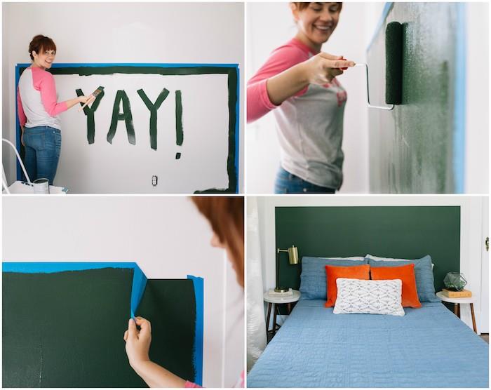 imitation sänggavel dekoration med fyrkantig grön färg bakom sängen, orange och blå sänglinne, lätt DIY