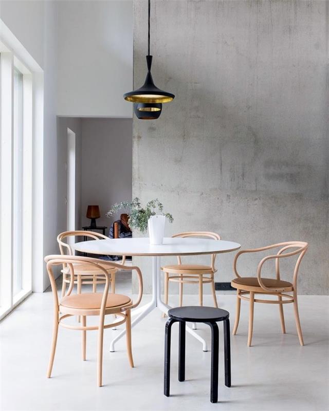 ako vyzdobiť modernú jedáleň v škandinávskom štýle, príklad imitácie voskovaného betónu pre minimalistický dekor