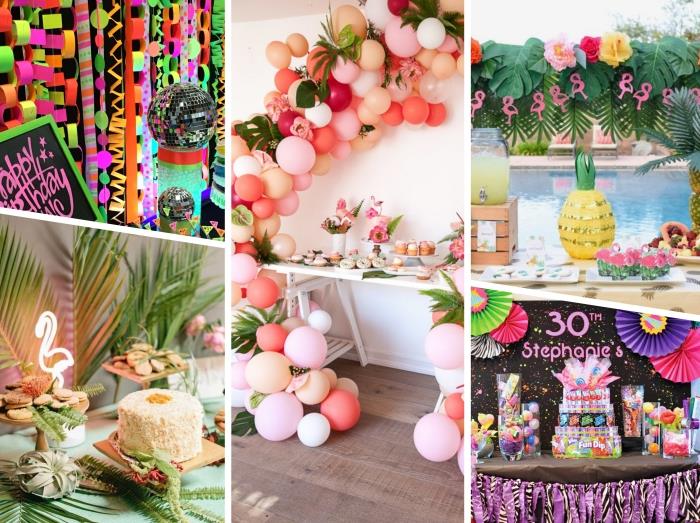 30 års jubileumsidé på tema, festlig dekoration i tropisk stil med lysande flamingofigur och gröna blad