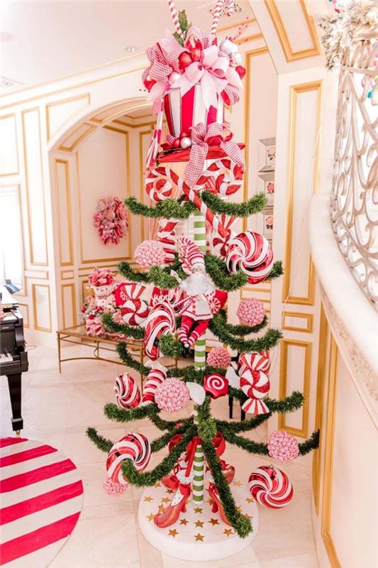 idé hur man dekorerar ett konstgjort julgran med leksaker på temat konfektyr, dekoration av rött och vitt träd