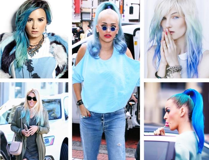 farbenie vlasov, účes Demi Lovato s dlhými vlasmi a farebnými modrými cípmi, Rita Ora s vlasmi zopnutými do chvosta s modrými kučerami