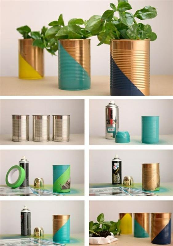 plåtburkprojekt, tre plåtburkar, innehållande gröna krukväxter, dekorerade med färgad färg, steg för steg fotohandledning som visar målningsprocessen