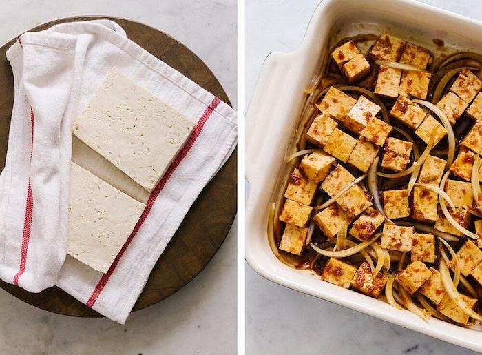 marinované tofu s cibuľou v panvici nápad na ľahké vegánske večeru bez mäsa