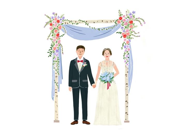 Bröllopsbild för ett bröllop ritning illustration bruden och brudgummen paret för söt